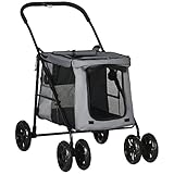 PawHut Hundewagen, faltbarer Hundebuggy, Hundetrolley mit Kissen, Katzenbuggy bis 20 kg, Katzenwagen für kleine Hunde mit Seitentaschen, Netzfenster, Oxford-Gewebe, Grau+Schwarz