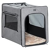 Petsfit faltbar Hundebox Stabiler Drahtrahmen Hundetransportbox Auto & Zuhause warm komfortabel mit Plüschkissen,rollbarem Vorhang und Aufbewahrungstasche für kleine Hunde